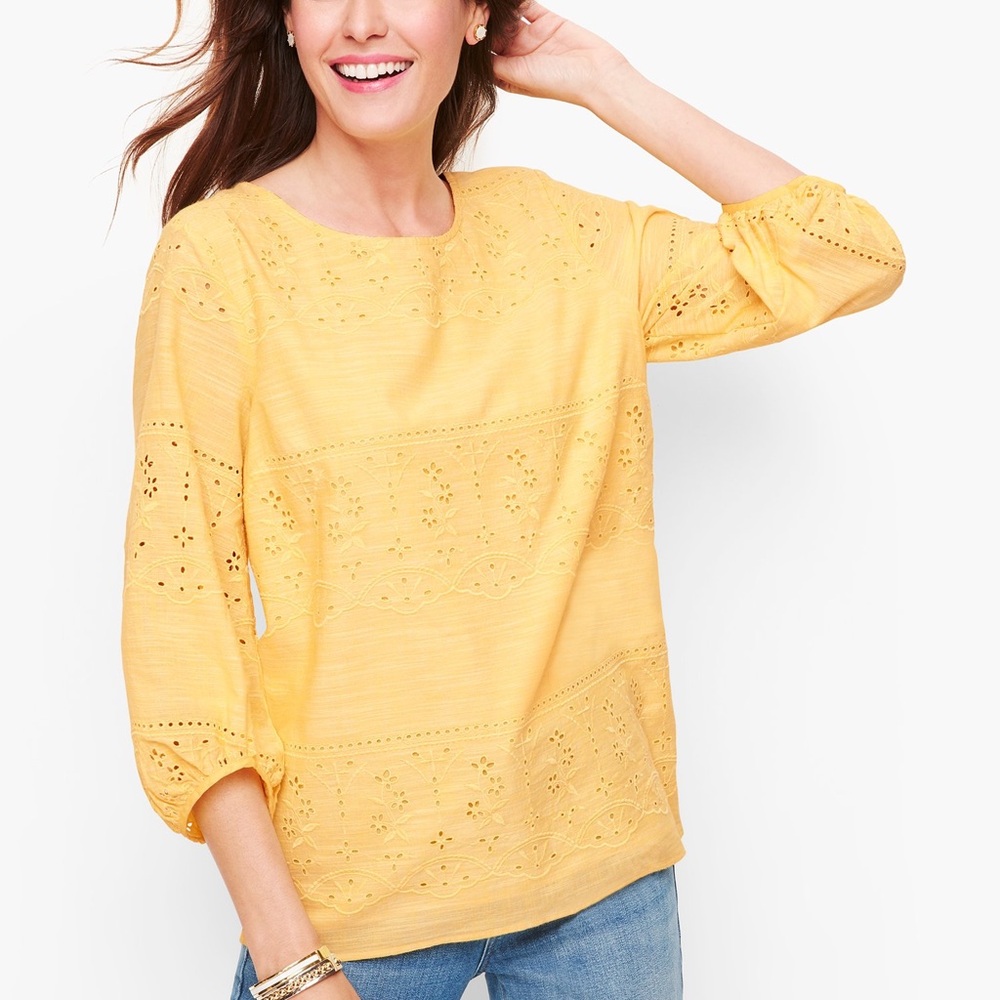 Talbots XL Embroidered Blouse Voile Yellow Balloon Sleeve Eyelet Poet Spring Top